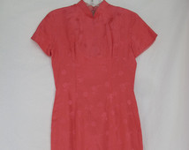 Pink Silk Mandarin Dress 1950s Vintage Short Asian Cheongsam Qipao Dress Size Small Hot Pink Party Dress