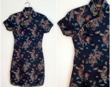 Vintage satin cheongsam / Black cocktail wiggle dress / asian tunic dress