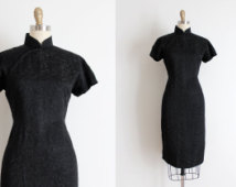 vintage 1950s Cheongsam dress // 50s black wiggle dress