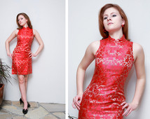 Vintage Alchemy/ Cheongsam/ Wiggle Dress Dress/Royal Red And Gold