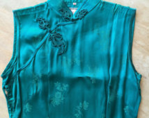 Vintage Turquoise Cheongsam Long Maxi Asian Oriental Chinese Chinoiserie S