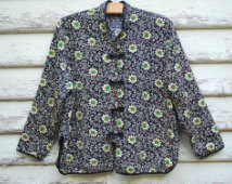 Black Floral Blouse 90s Vintage Cheongsam Boho Hippie Shirt Ethnic 1990s Top Vtg Size M-L