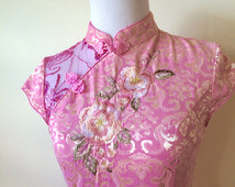 Vintage 1990's Authentic Chinese Cheongsam Qipao Soft Baby Pink Floral Dress Size SMALL