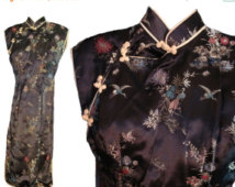 On Sale Now Vintage 50s Party Dress Black Cheongsam Chinese Oriental Wiggle Dress S-XS