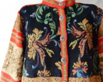 Sz 14 16  XL BrocadeTapestry Blazer Jacket - Floral - Mandarin Mao Nehru Collar - Asian Style - Qipao Qipao Cheongsam