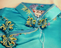 Girls Childs Turquoise Satin Qipao Mandarin Collar Dress Double Peach Cheongsam size 12 NWT NOS