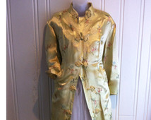 Loose Fitting Vintage Coat Asian Shanghai Peony Brand Coat Dress Mandarin Cheongsam Qipao Bracelet Length Sleeve Frog Closing Size Lrge