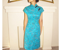 Vintage Cheongsam Dress *AQUA Chinese Temple Novelty Print*