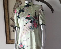 Vintage Cheongsam Mint Green with Large Peacock Print