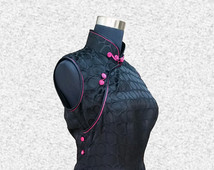 Black Polka Dots Qipao Cheongsam Top, Oriental Dress, Chinese Dress