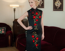 Vintage 1960s Dress - Jet Black Cheongsam 60s Hostess Gown with Gold Beading and Velvet Rose Appliques