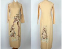 Vintage Cheongsam with Hand Painted Desert Design/ Vintage Psychedelic Cheongsam by Khanh
