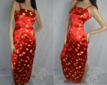 Vintage Cheongsam Dress 1980's Chinese Silk Dress Red Dress