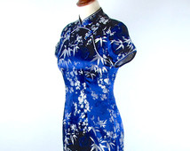Navy and Silver Cheongsam with Floral Pattern
