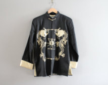 US Free Shipping Cheongsam Dragon Chinese Embroidered Tai Chi Kung Fu Oriental Asian Jacket Chinoiserie Vintage Size M