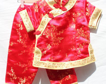 Child's red and gold Chinese pyjamas; pajamas; vintage; size 2; cheongsam style