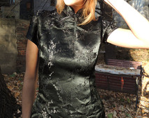 Vintage Asian Black Maxi Dress/ 60s 70s Silk Mandarin Collar Short Sleeve Dress