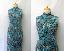 1960s Vintage Cotton Voile Cheongsam Dress  / Floral Print Qipao Dress