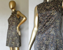 black cheongsam \ golden dragon print \ party dress