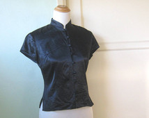 Asian-Inspired Black Cheongsam-Style Top - Retro Bohemian Glam Asian Top in Soft Rayon - Medium Black Asian Collar Minimalist Black Top