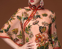Hand Beaded Vintage Floral Silk Cheongsam Mandarin Collar Sheath Slit Dress Asian Oriental Shift Mini Pencil Dress Ethnic Half Sleeve Qipao