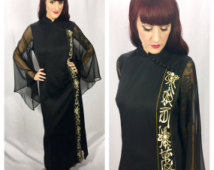 ALFRED SHAHEEN DREAM Vintage 1960's Alfred Shaheen Black Cheongsam Gown With Flowing Sleeves