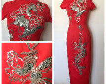 Vintage Red Silk Taffeta Cheongsam Evening/Wedding Gown with Mandarin Collar and Beaded and Sequin Dragon and Phoenix. Size: Small.