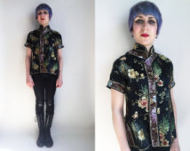Vintage Chinese Top Vintage Cheongsam Top Black Silky Floral Top Women's Size Medium Large