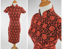 50s Black & Orange Floral Print Qipao Cheongsam Wiggle Dress w Mandarin Collar // Asian Inspired Pinup, Rockabilly Psychobilly VLV // XXS XS