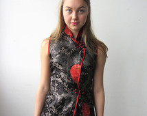 Black, Red and Silver 90s vintage Cheongsam Mini Dress