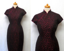 1950s / 60s Vintage Geometric Jacquard Cheongsam Dress / Pink & Black Qipao Dress