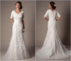 Modest Custom Made A-Line Wedding Dresses Long Bridal Gown V-Neck With 1/2 Half Sleeves Lace Applique on Tulle Satin Lining Zipper Back from Orient2013,$122.52 | DHgate.com