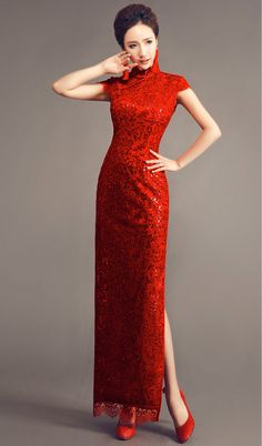 Solid red traditional long cheongsam sequin lace qipao Chinese bridal wedding dress | Modern Qipao