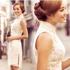 Vintage Cheongsam Style Knee Length Ivory White Lace Wedding Dresses SKU-166043