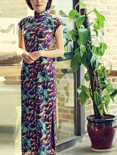 Purple Floral Chiffon Qipao / Cheongsam Dress - CozyLadyWear