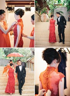 A coral wedding in Phuket wedding. Look at that beautiful oriental wedding gown!