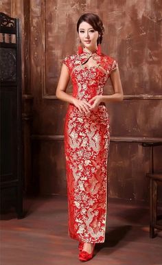 Wedding Cheongsam Brocade Red Modified Lace Bridal Qipao