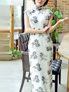 Blue Rose Chiffon Qipao / Cheongsam Dress - CozyLadyWear