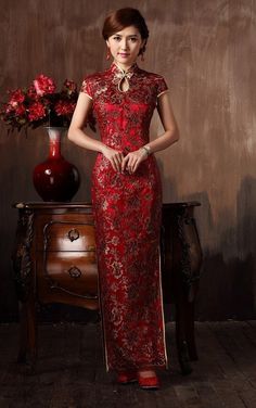 Gold Sequined Lace Mermaid Bridal Cheongsam Wedding Gown Banqent Reception