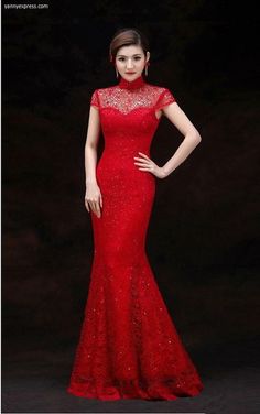 Embellished Blouson Wedding Qipao Mermaid Gown