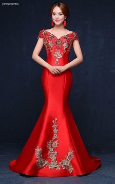 Chinese Wedding Embellished Mermaid Gown - YannyExpress  - 1