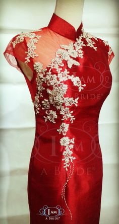 Modern Cheongsam Custom Make with One Off Shoulder See-thru Netting for Destination UK Bride