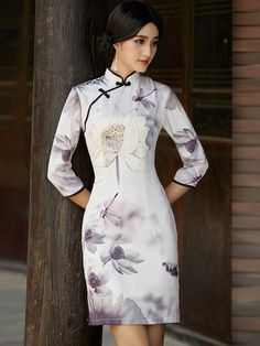 Half Sleeve Qipao / Cheongsam Dress with Lotus Print - CozyLadyWear