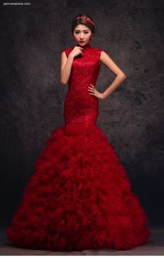 Chinese Red Organza Fit & Flare Wedding Qipao Gown