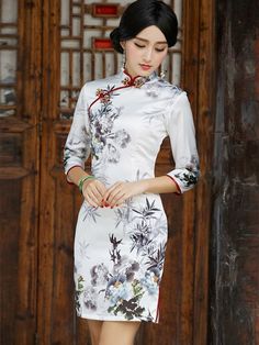 Half Sleeve Qipao / Cheongsam Dress with Print of Chinese Painting
