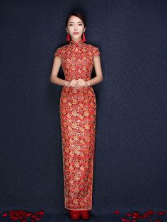 Red Ankle-Length Traditonal Qipao / Cheongsam Wedding Dress - CozyLadyWear