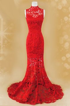 Romantic Mermaid Red Lace Chinese Wedding Dress