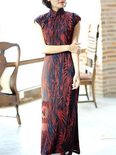Red Floral Chiffon Qipao / Cheongsam Dress - CozyLadyWear