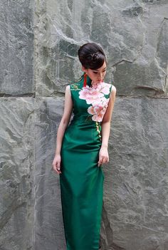 Green Cheongsam Gown Peonies