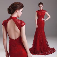 Wine Red Train Tulle Qipao / Cheongsam Wedding Dress with Keyhole Back